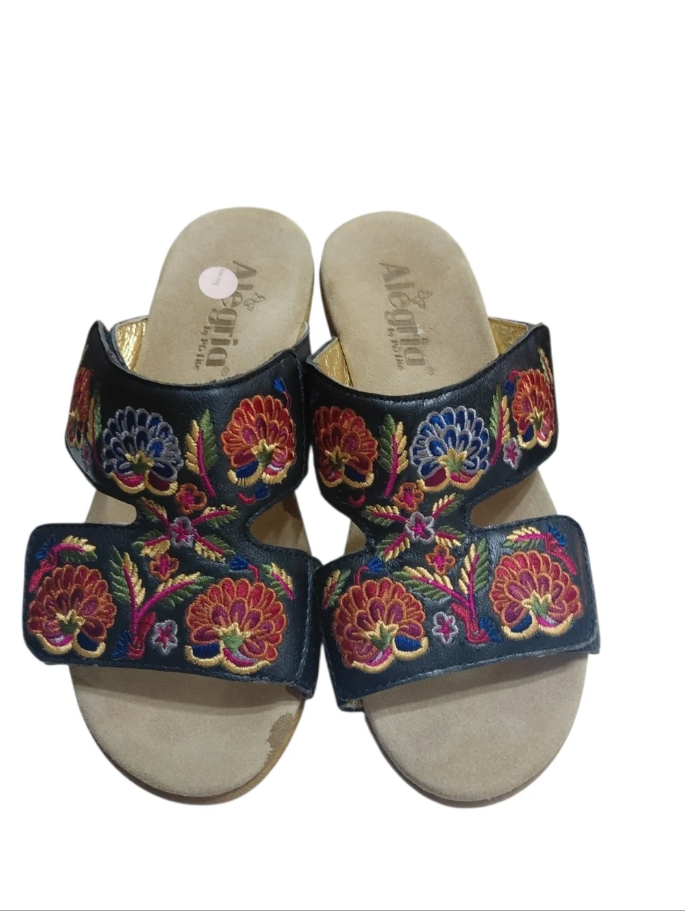 Alegria Linn Black Embroidered Floral Wedge Sandals Size 7